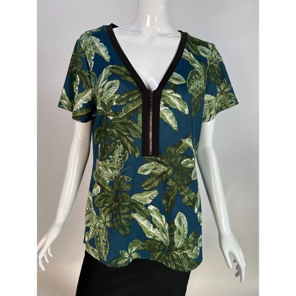 Love Scarlett Zip Front Leaf Pattern Top Size Large Blue, Green Polyester Blend - Picture 16 of 16